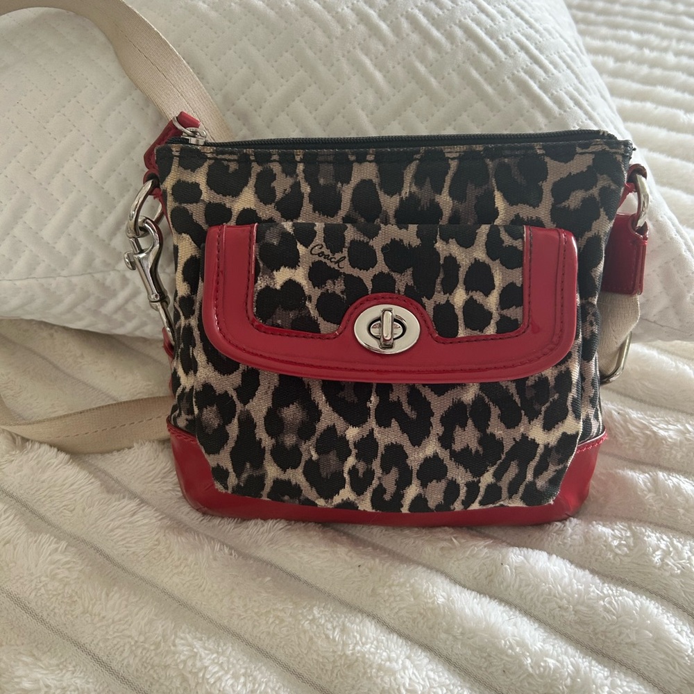 Y2K Coach Park Ocelot Crossbody Bag with Patent Red Leather Accents